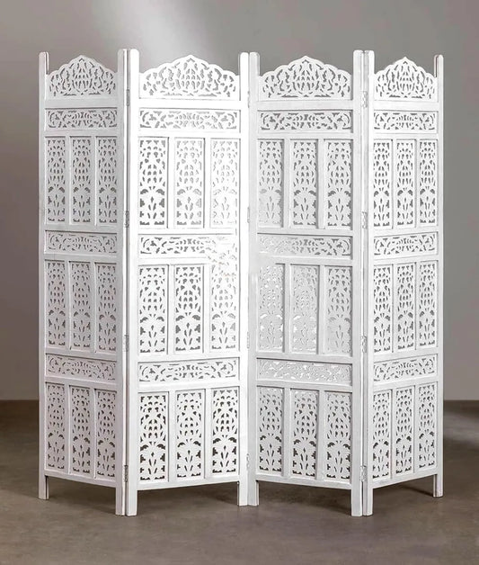 4-Panel White Mango Wood Room Partition – Foldable Privacy Screen Divider