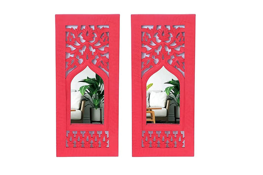 Set of 2 - Wood Painted Wall Hanging Jarokha Inside Mirror, Wooden Wall Hanging, Wooden Wall Panel, Wall Sculptures (RED) (17x7.5) inch, Natural Set of Two