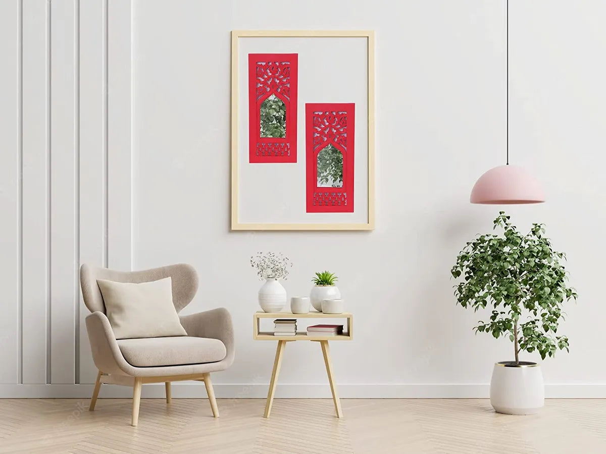 Set of 2 - Wood Painted Wall Hanging Jarokha Inside Mirror, Wooden Wall Hanging, Wooden Wall Panel, Wall Sculptures (RED) (17x7.5) inch, Natural Set of Two