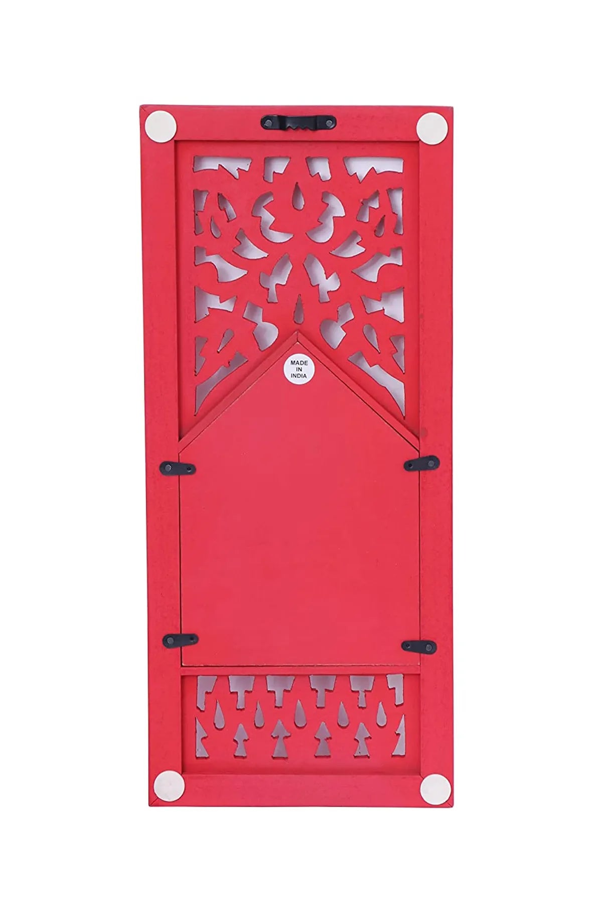 Set of 2 - Wood Painted Wall Hanging Jarokha Inside Mirror, Wooden Wall Hanging, Wooden Wall Panel, Wall Sculptures (RED) (17x7.5) inch, Natural Set of Two