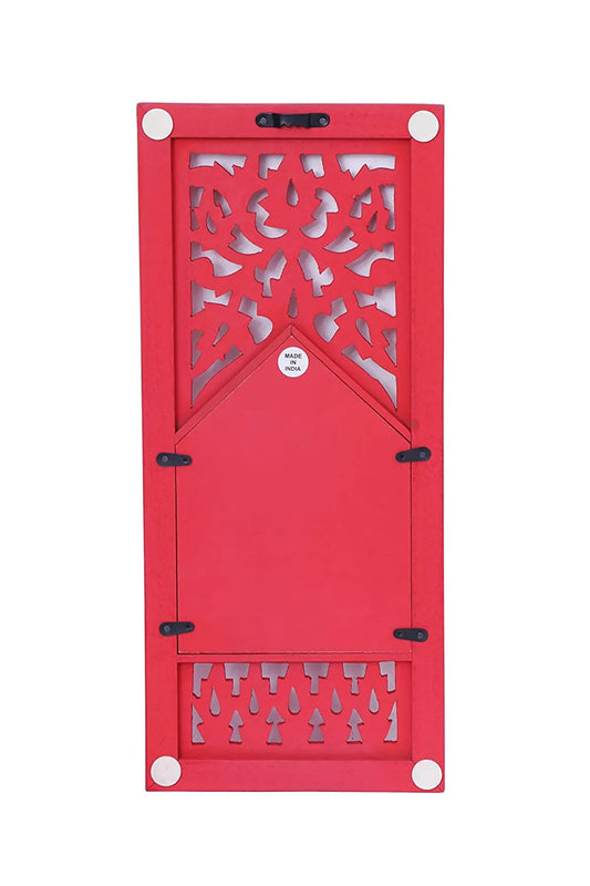 Set of 2 - Wood Painted Wall Hanging Jarokha Inside Mirror, Wooden Wall Hanging, Wooden Wall Panel, Wall Sculptures (RED) (17x7.5) inch, Natural Set of Two
