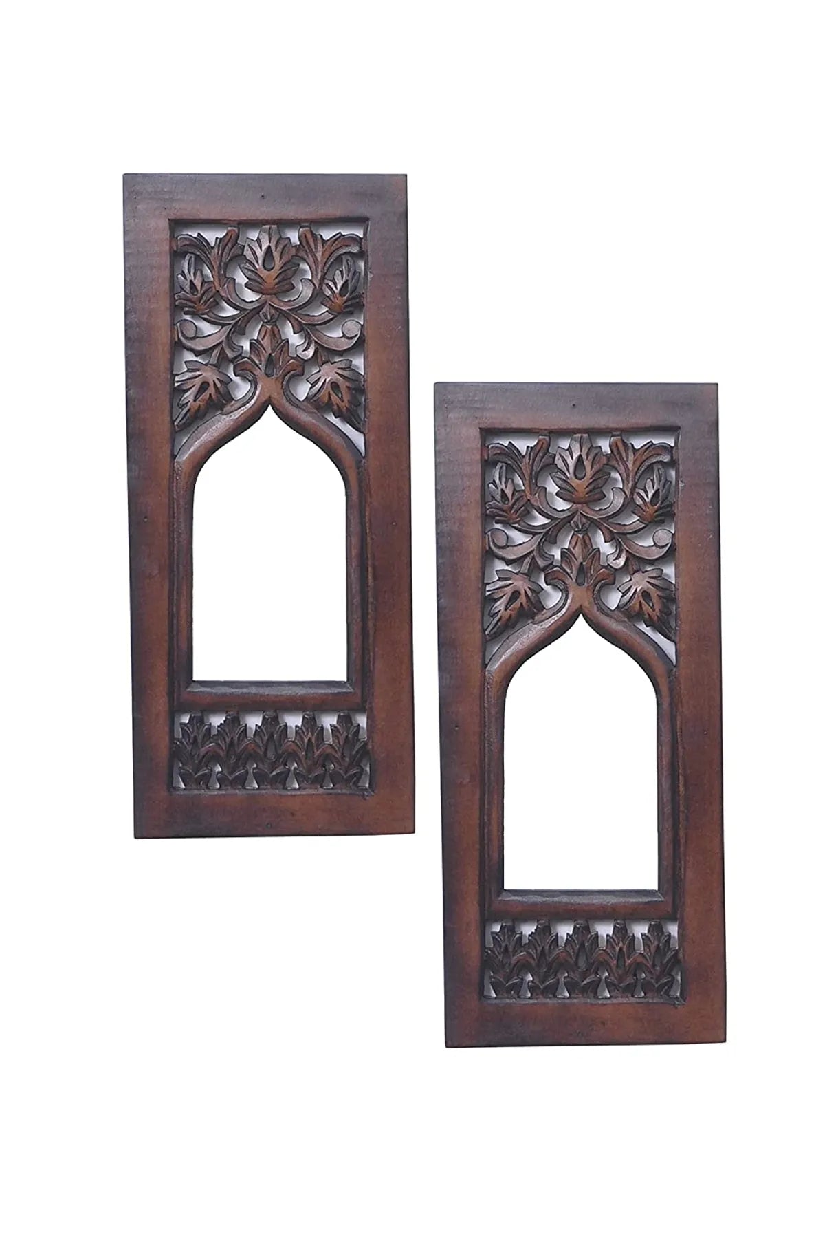 Set of 2 - Wood Painted Wall Hanging Jharoka Inside Mirror, Wooden Wall Hanging, Wooden Wall Panel (17X7.5 Inch, Pack of 2, Natural Wood)