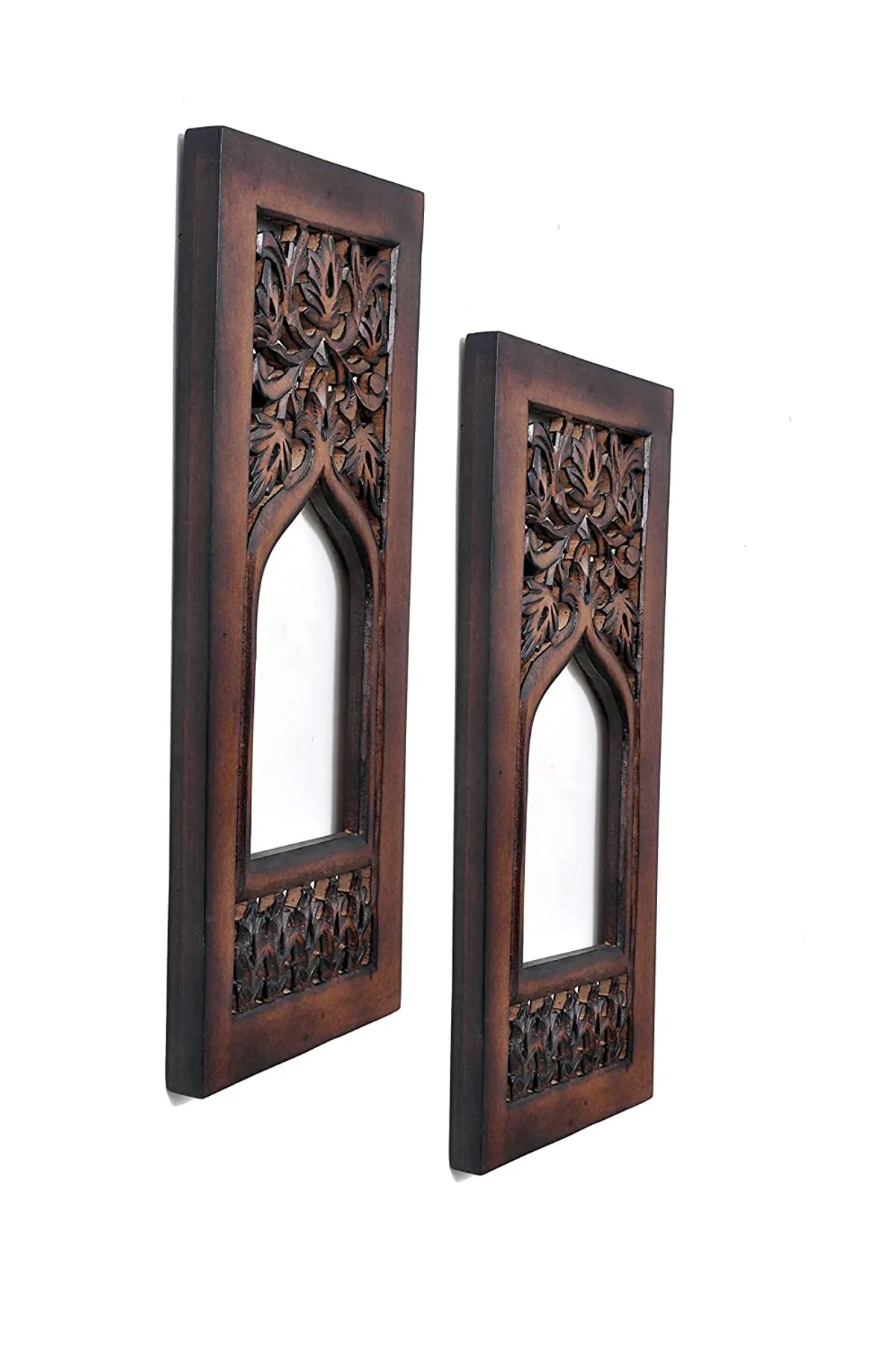 Set of 2 - Wood Painted Wall Hanging Jharoka Inside Mirror, Wooden Wall Hanging, Wooden Wall Panel (17X7.5 Inch, Pack of 2, Natural Wood)