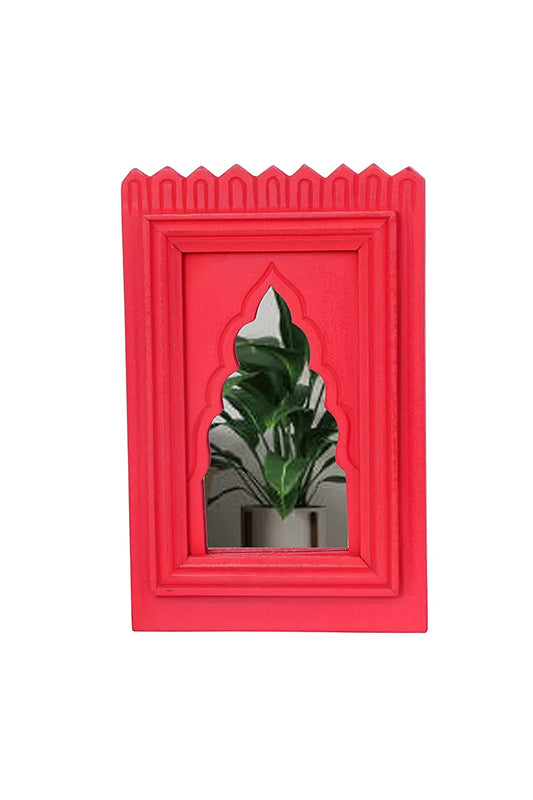 Set of 1 - Wood Painted Wall Hanging Jharokha Inside Mirror, Wooden Wall Hanging, Wooden Wall Panel .(RED)(1 Piece)
