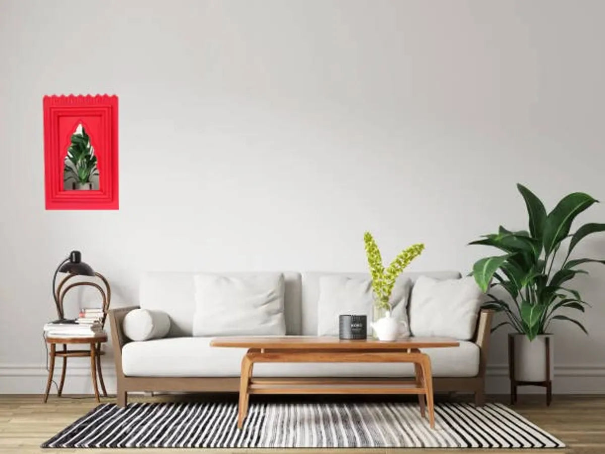 Set of 1 - Wood Painted Wall Hanging Jharokha Inside Mirror, Wooden Wall Hanging, Wooden Wall Panel .(RED)(1 Piece)