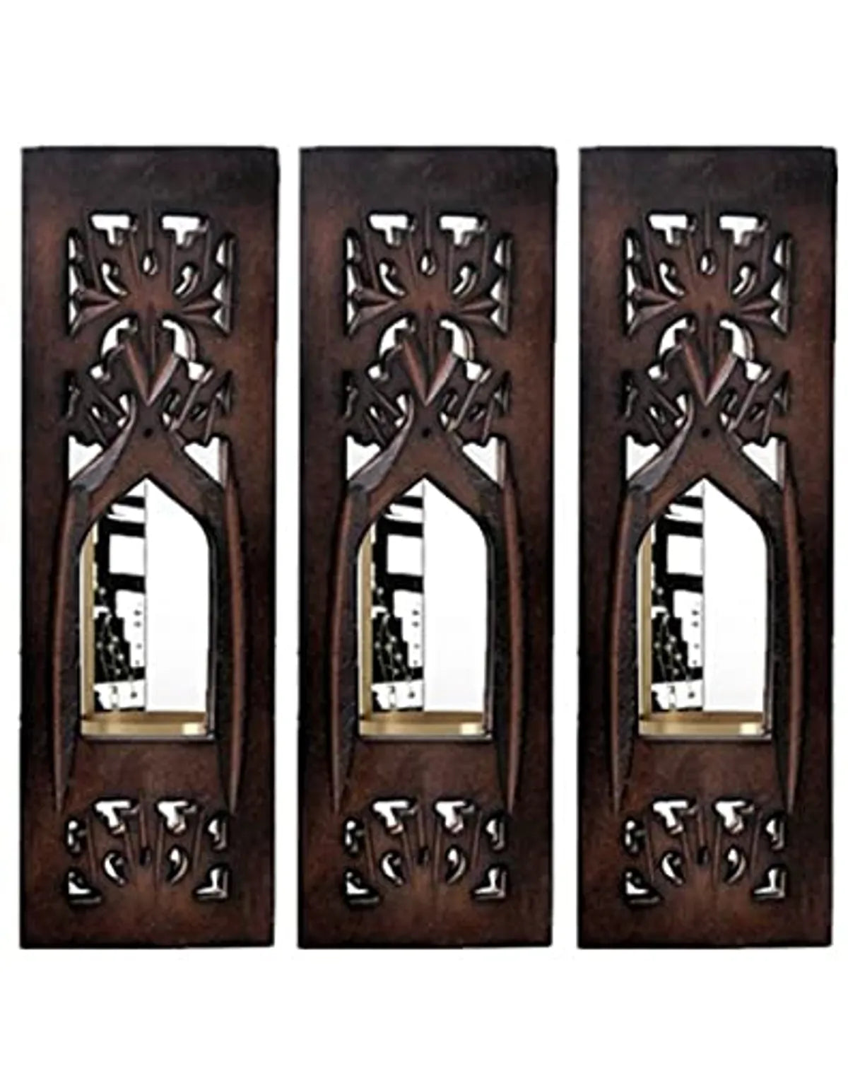 Set of 3 - Natural Wood Painted Jharokha Inside Mirror Wooden Wall Mount Wall Hanging (Brown, 11.5 inch) Set of 3, Rectangular, Framed