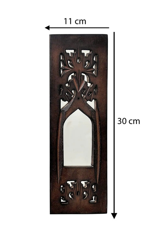 Set of 3 - Natural Wood Painted Jharokha Inside Mirror Wooden Wall Mount Wall Hanging (Brown, 11.5 inch) Set of 3, Rectangular, Framed