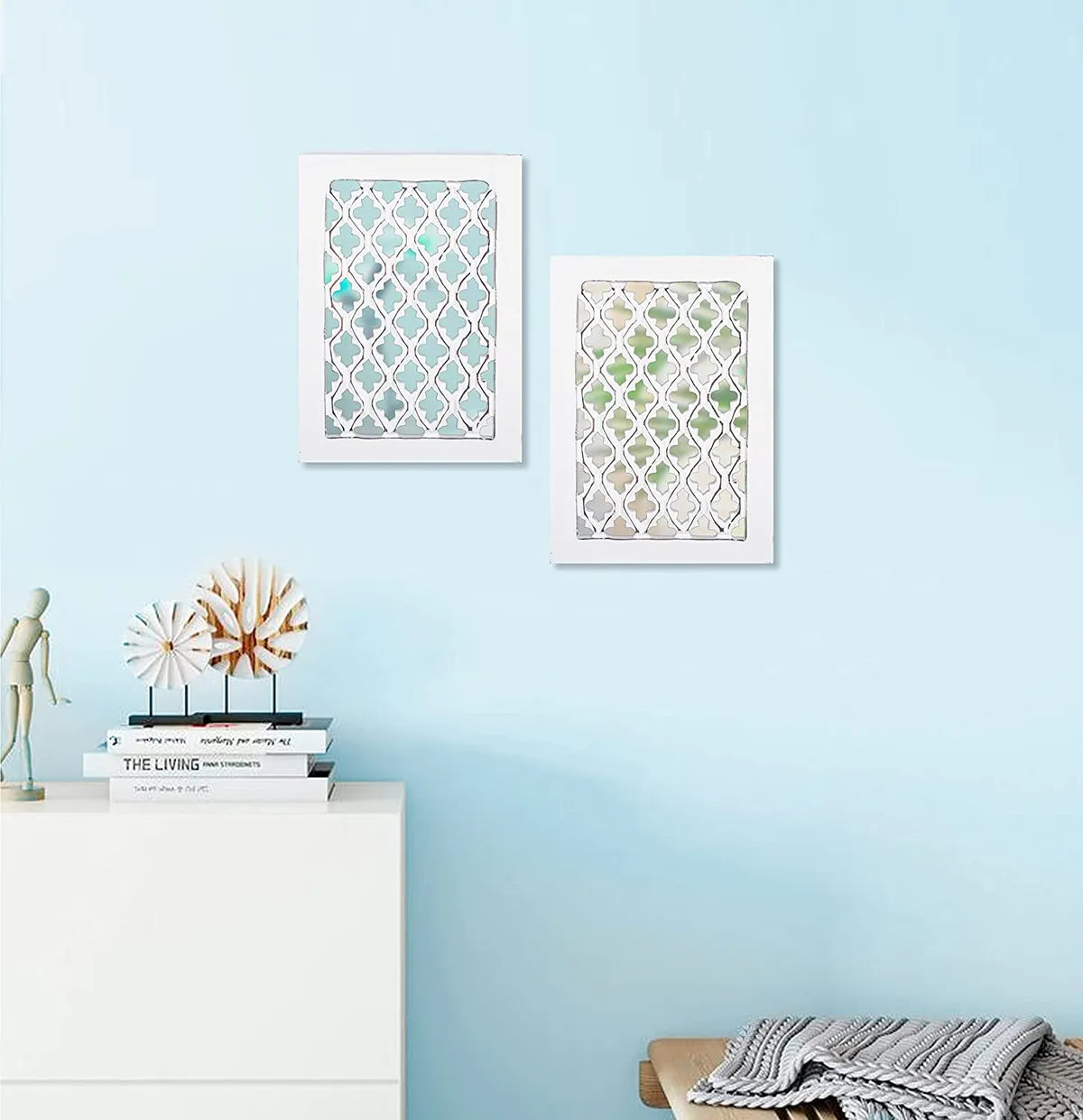 Set of 2 - Wood Painted Wall Hanging Jharokha Inside Mirror, Wooden Wall Hanging, Wooden Wall Panel (8.5x11.5,) inches Set of Two. Rectangular, Framed