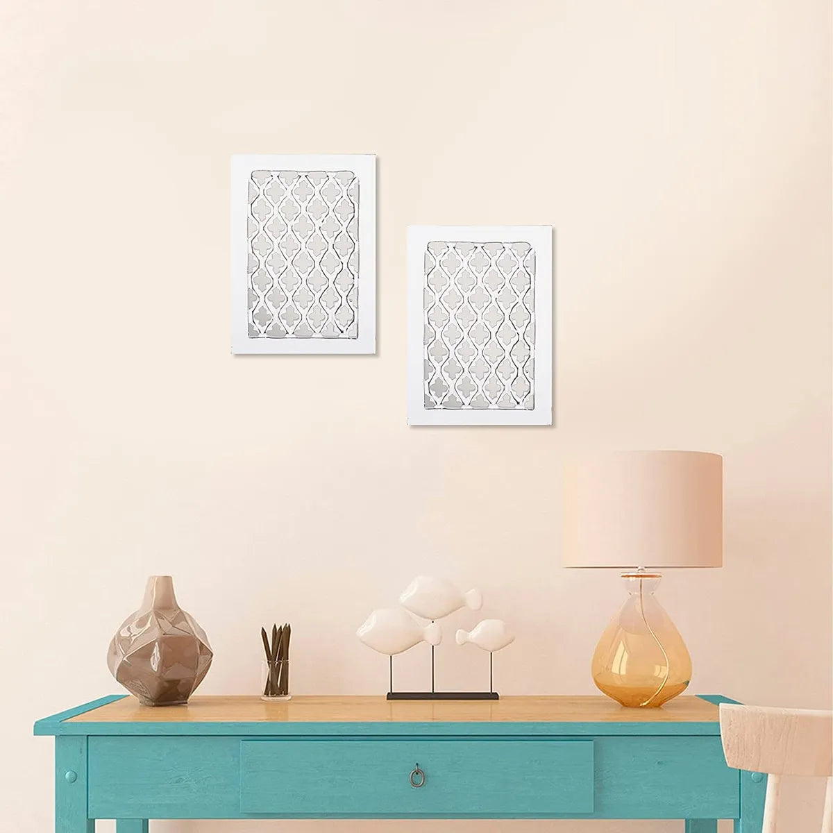 Set of 2 - Wood Painted Wall Hanging Jharokha Inside Mirror, Wooden Wall Hanging, Wooden Wall Panel (8.5x11.5,) inches Set of Two. Rectangular, Framed