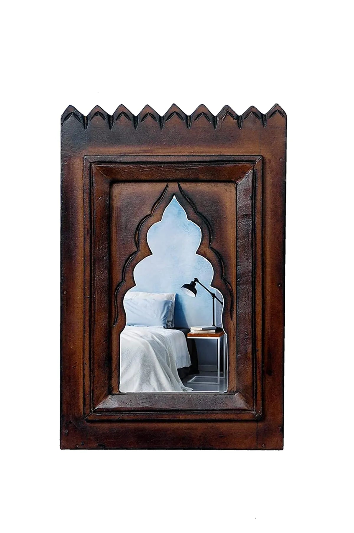 Set of 1 - Wood Painted Wall Hanging Jharokha Inside Mirror, Wooden Wall Hanging, Wooden Wall Panel (Pack of 1)