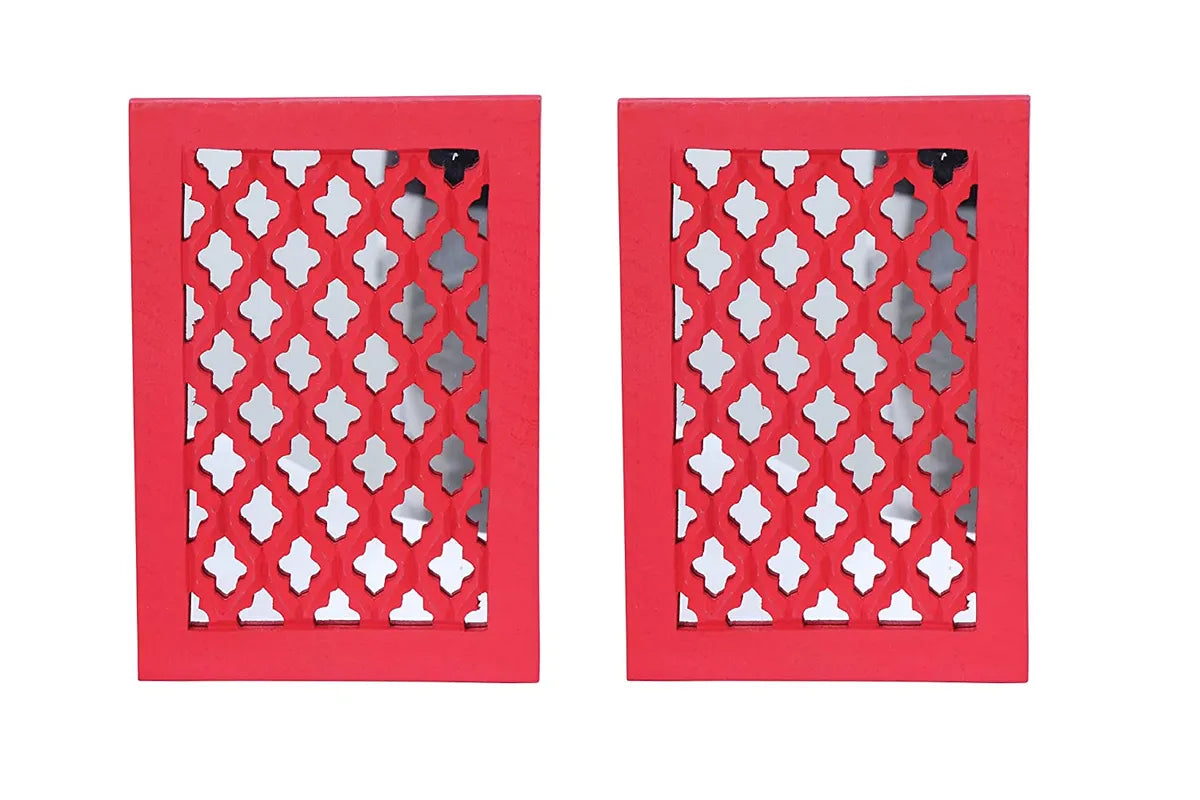 Set of 2 - Wood Painted Wall Hanging Jharokha Inside Mirror, Wooden Wall Hanging, Wooden Wall Panel (8.5x11.5,) inches Set of Two.( RED)