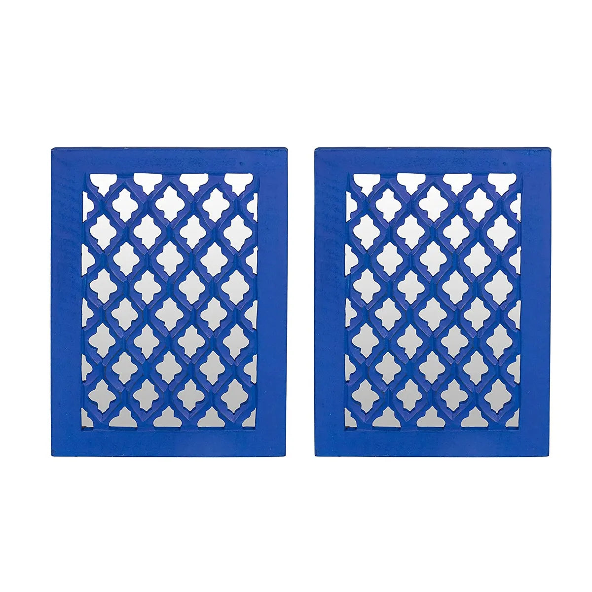 Set of 2 - Wood Painted Wall Hanging Jharokha Inside Mirror, Wooden Wall Hanging, Wooden Wall Panel (Blue) (8.5x11.5,) inches Set of Two.