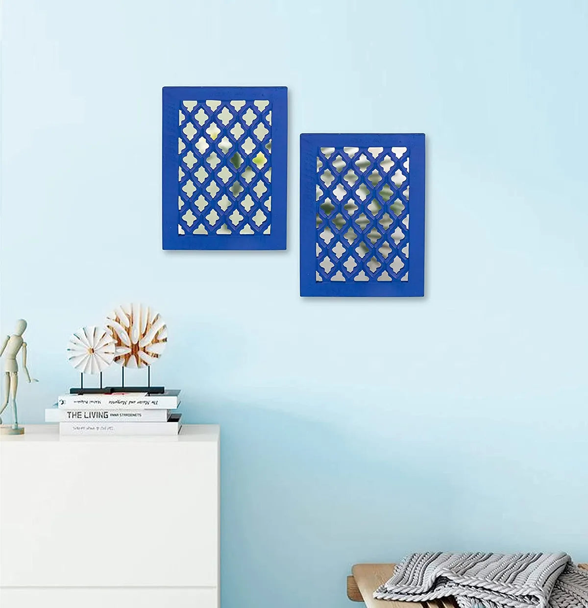 Set of 2 - Wood Painted Wall Hanging Jharokha Inside Mirror, Wooden Wall Hanging, Wooden Wall Panel (Blue) (8.5x11.5,) inches Set of Two.