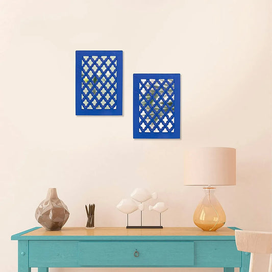 Set of 2 - Wood Painted Wall Hanging Jharokha Inside Mirror, Wooden Wall Hanging, Wooden Wall Panel (Blue) (8.5x11.5,) inches Set of Two.