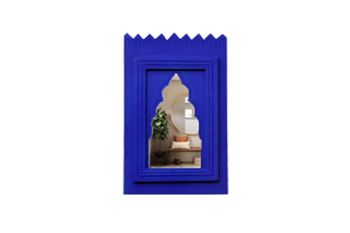 Set of 1 - Wood Painted Wall Hanging Jharokha Inside Mirror, Wooden Wall Hanging, Wooden Wall Panel .(1 Piece) (Blue)
