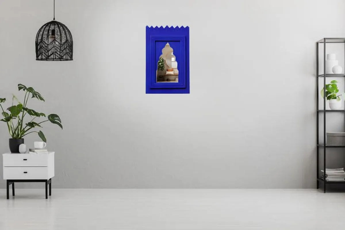 Set of 1 - Wood Painted Wall Hanging Jharokha Inside Mirror, Wooden Wall Hanging, Wooden Wall Panel .(1 Piece) (Blue)