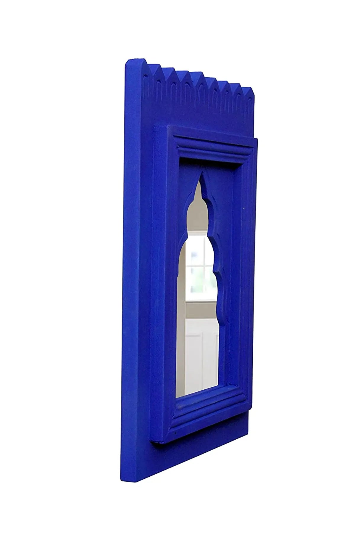 Set of 1 - Wood Painted Wall Hanging Jharokha Inside Mirror, Wooden Wall Hanging, Wooden Wall Panel .(1 Piece) (Blue)