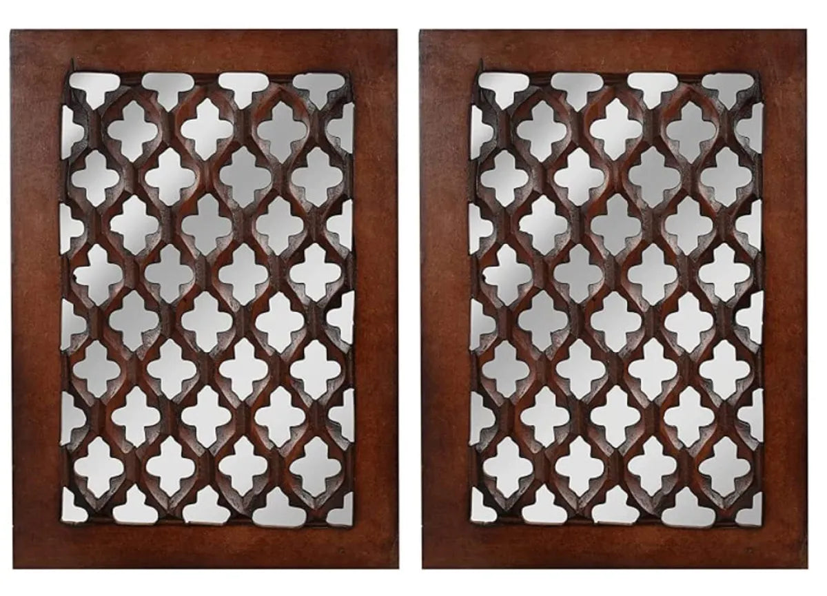Set of 2 - Wood Painted Wall Hanging Jharokha Inside Mirror, Wooden Wall Hanging (8.5x11.5 inches, Pack of 2, Brown)