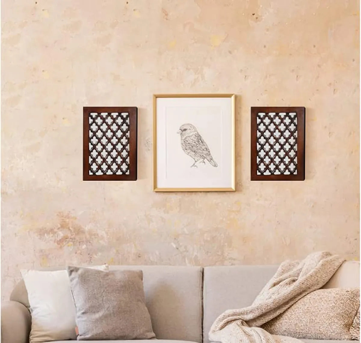 Set of 2 - Wood Painted Wall Hanging Jharokha Inside Mirror, Wooden Wall Hanging (8.5x11.5 inches, Pack of 2, Brown)