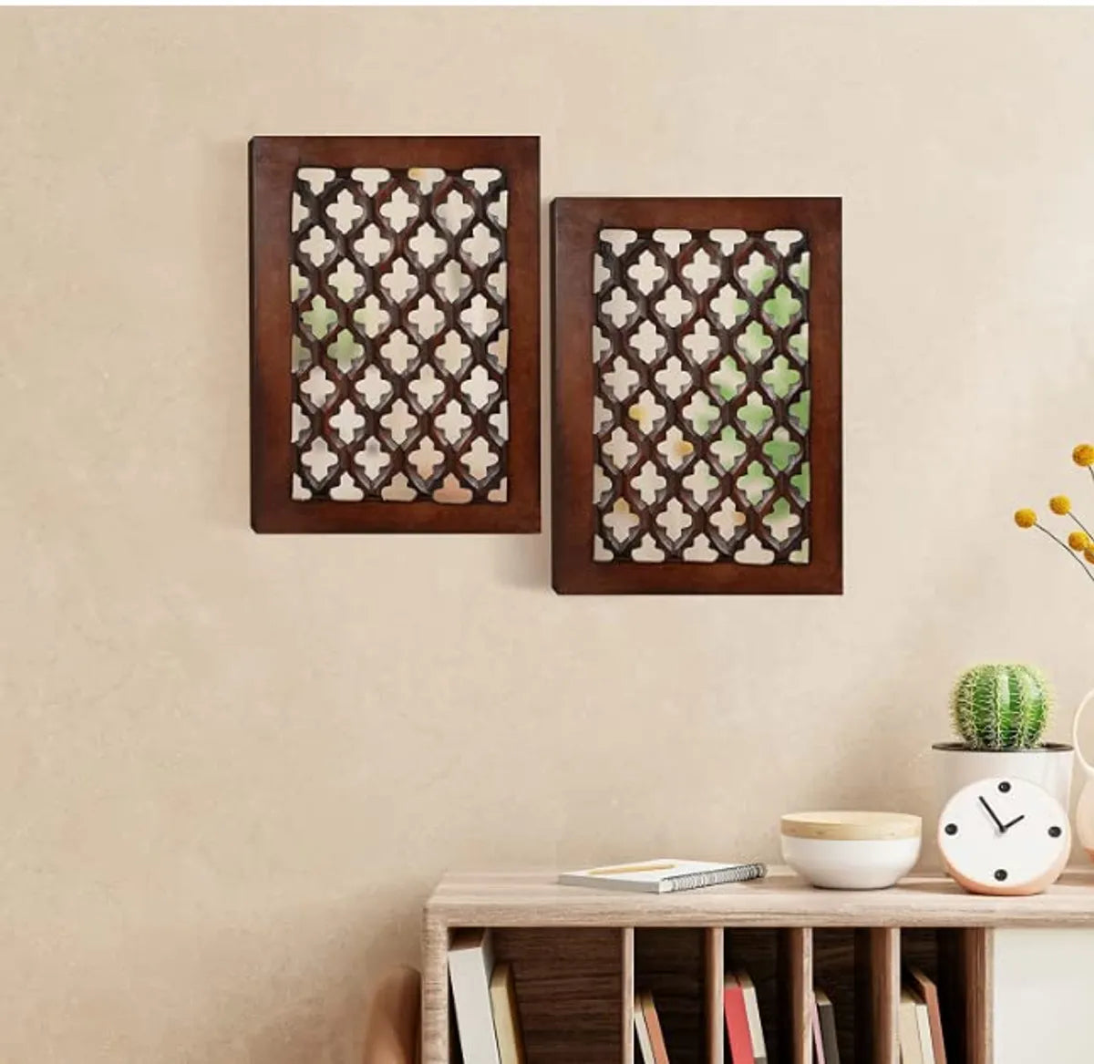 Set of 2 - Wood Painted Wall Hanging Jharokha Inside Mirror, Wooden Wall Hanging (8.5x11.5 inches, Pack of 2, Brown)