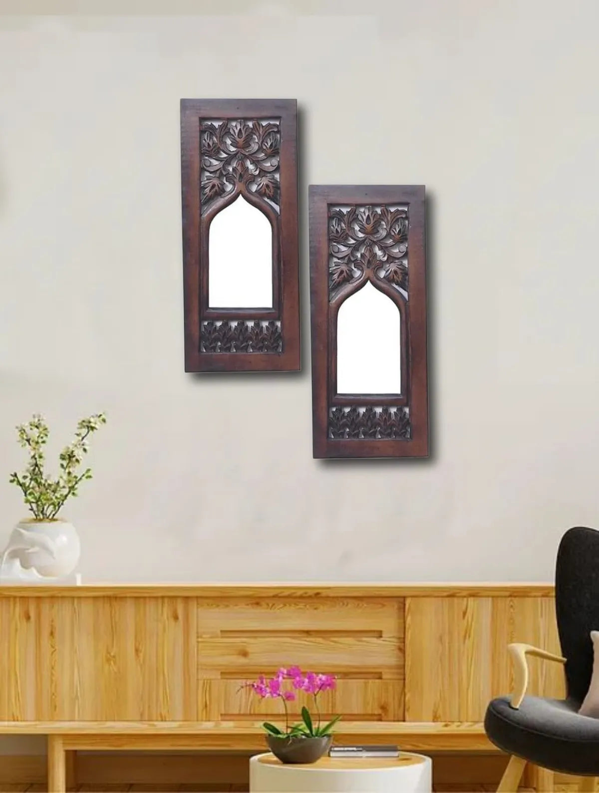 Set of 2 - Wood Painted Wall Hanging Jharoka Inside Mirror, Wooden Wall Hanging, Wooden Wall Panel (17X7.5 Inch, Pack of 2, Natural Wood)